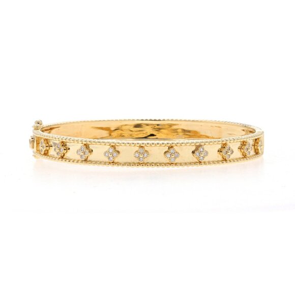 Yellow Gold Diamond Quatrefoil Bangle Bracelet 6 1/2" - 14k Round .42ctw Flowers - Picture 1 of 6